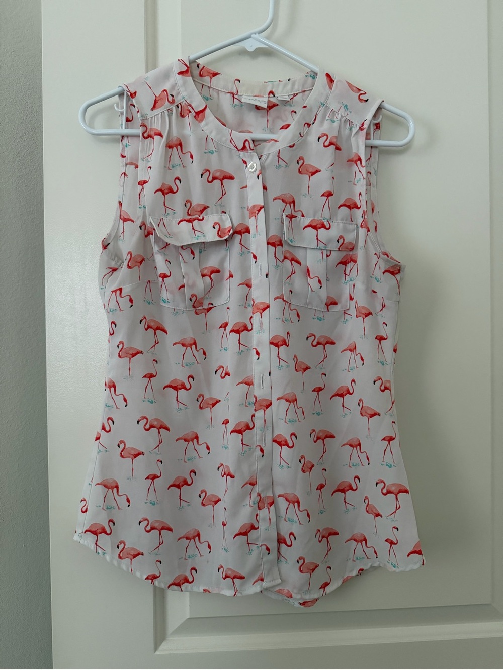New York & Company White Sleeveless Flamingo-Print Blouse